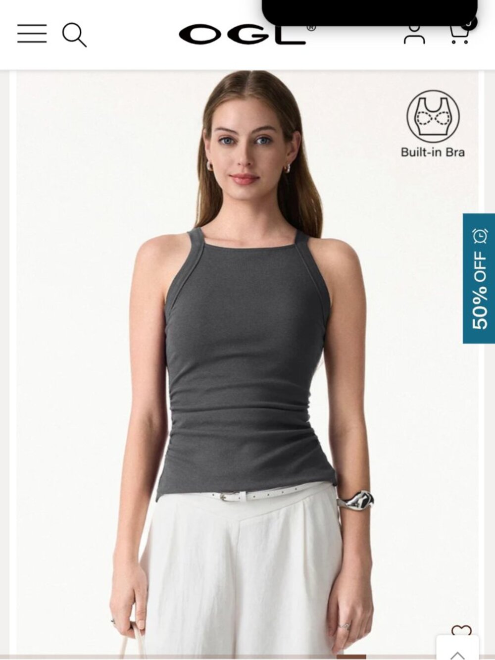 Plantive  OGL Chic Square Neck Ruched Rib Built-In Bra Tank - Picture 1 of 5